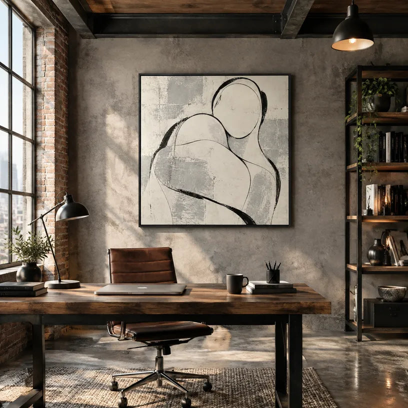 Minimalist portraiture & figure oil painting featuring an expressive figure or portrait rendered with painterly detail in a beige palette.