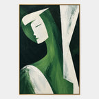 Minimalistisches Porträt- und Figurenölgemälde mit einer ausdrucksstarken Figur oder einem Porträt mit malerischen Details in einer grünen Farbpalette.