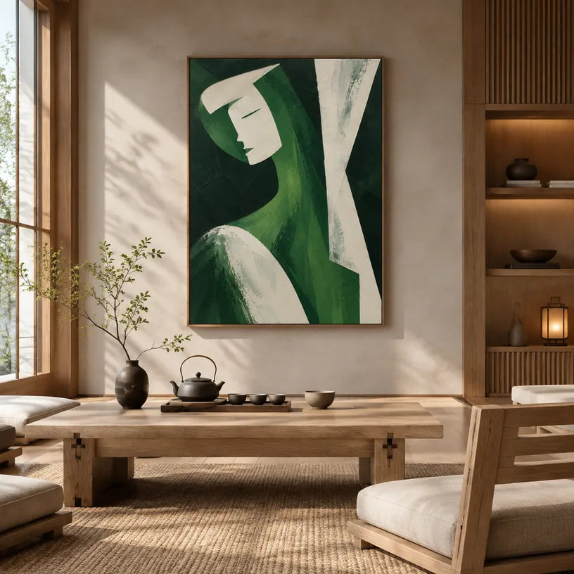 Minimalistisches Porträt- und Figurenölgemälde mit einer ausdrucksstarken Figur oder einem Porträt mit malerischen Details in einer grünen Farbpalette.