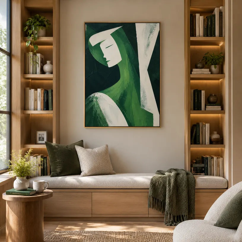 Minimalistisches Porträt- und Figurenölgemälde mit einer ausdrucksstarken Figur oder einem Porträt mit malerischen Details in einer grünen Farbpalette.