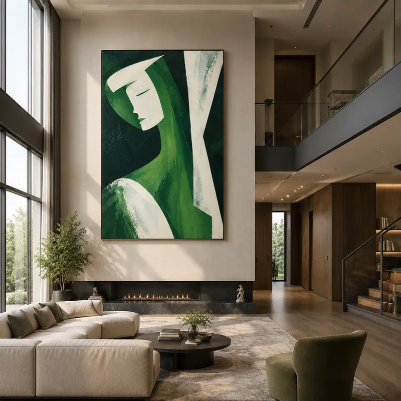 Minimalistisches Porträt- und Figurenölgemälde mit einer ausdrucksstarken Figur oder einem Porträt mit malerischen Details in einer grünen Farbpalette.