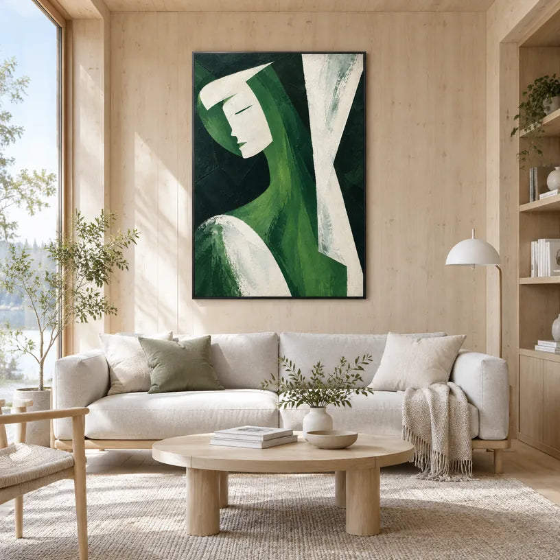 Minimalistisches Porträt- und Figurenölgemälde mit einer ausdrucksstarken Figur oder einem Porträt mit malerischen Details in einer grünen Farbpalette.