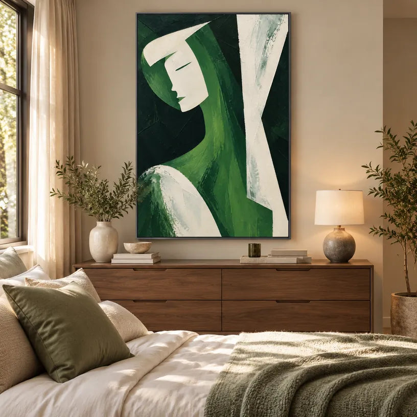 Minimalistisches Porträt- und Figurenölgemälde mit einer ausdrucksstarken Figur oder einem Porträt mit malerischen Details in einer grünen Farbpalette.