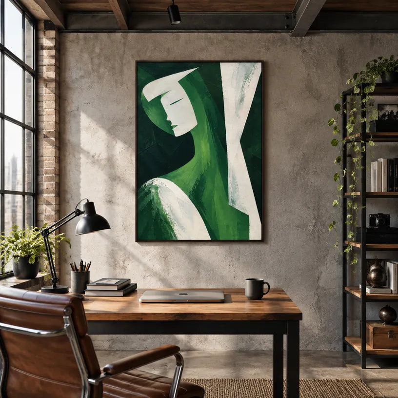 Minimalistisches Porträt- und Figurenölgemälde mit einer ausdrucksstarken Figur oder einem Porträt mit malerischen Details in einer grünen Farbpalette.