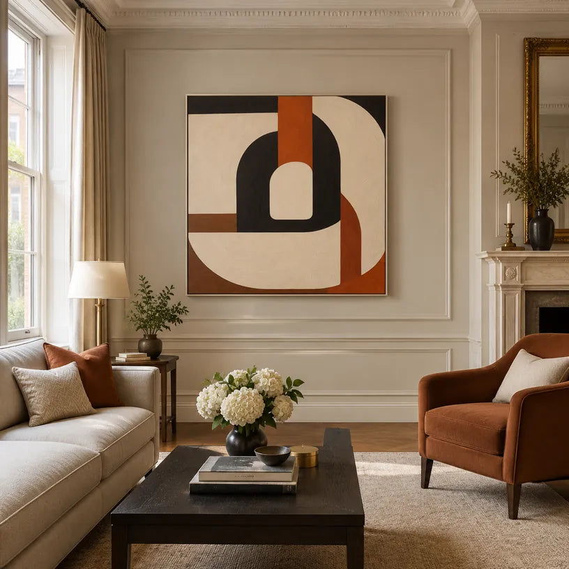 Pittura a olio minimalista astratta e concettuale con segni astratti stratificati, consistenza e movimento pittorico espressivo in una tavolozza beige.