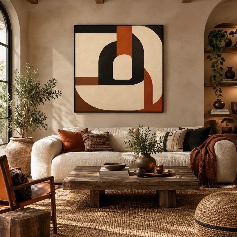 Pittura a olio minimalista astratta e concettuale con segni astratti stratificati, consistenza e movimento pittorico espressivo in una tavolozza beige.
