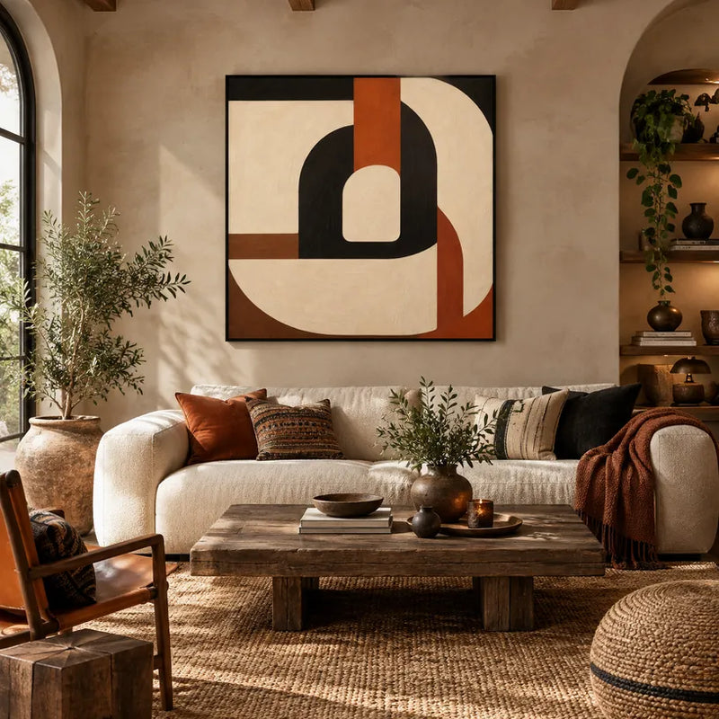 Pittura a olio minimalista astratta e concettuale con segni astratti stratificati, consistenza e movimento pittorico espressivo in una tavolozza beige.