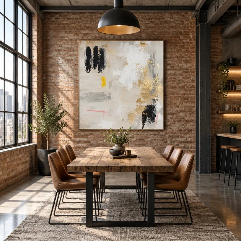 Pittura a olio minimalista astratta e concettuale con segni astratti stratificati, consistenza e movimento pittorico espressivo in una tavolozza beige.