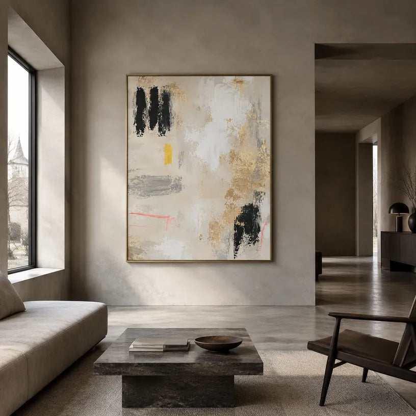 Pittura a olio minimalista astratta e concettuale con segni astratti stratificati, consistenza e movimento pittorico espressivo in una tavolozza beige.
