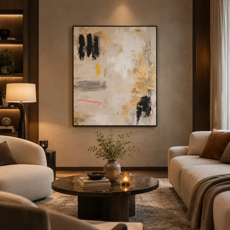 Pittura a olio minimalista astratta e concettuale con segni astratti stratificati, consistenza e movimento pittorico espressivo in una tavolozza beige.