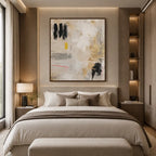 Pittura a olio minimalista astratta e concettuale con segni astratti stratificati, consistenza e movimento pittorico espressivo in una tavolozza beige.