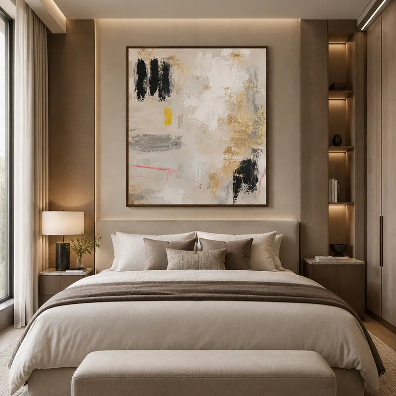 Pittura a olio minimalista astratta e concettuale con segni astratti stratificati, consistenza e movimento pittorico espressivo in una tavolozza beige.