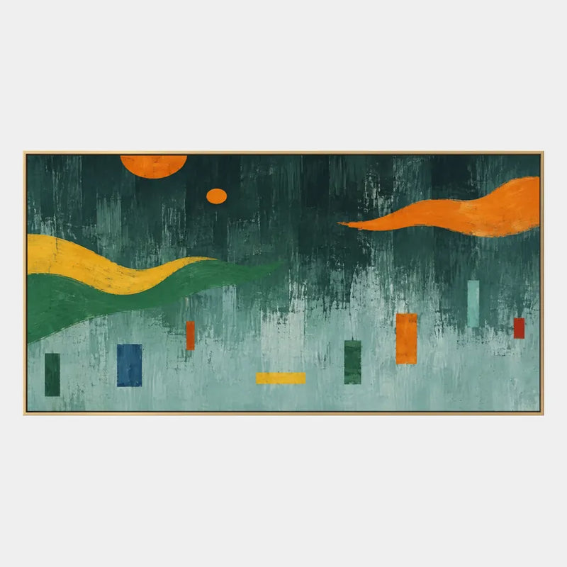 Pintura al óleo minimalista abstracta y conceptual que presenta marcas abstractas en capas, textura y movimiento pictórico expresivo en una paleta verde.