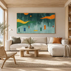 Pintura al óleo minimalista abstracta y conceptual que presenta marcas abstractas en capas, textura y movimiento pictórico expresivo en una paleta verde.