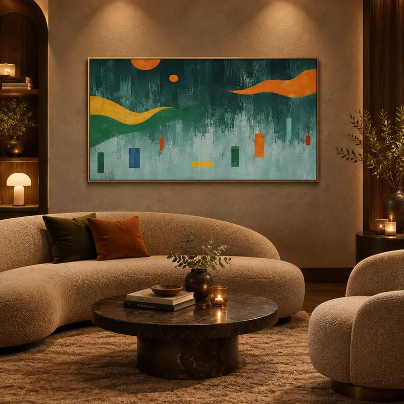 Pintura al óleo minimalista abstracta y conceptual que presenta marcas abstractas en capas, textura y movimiento pictórico expresivo en una paleta verde.