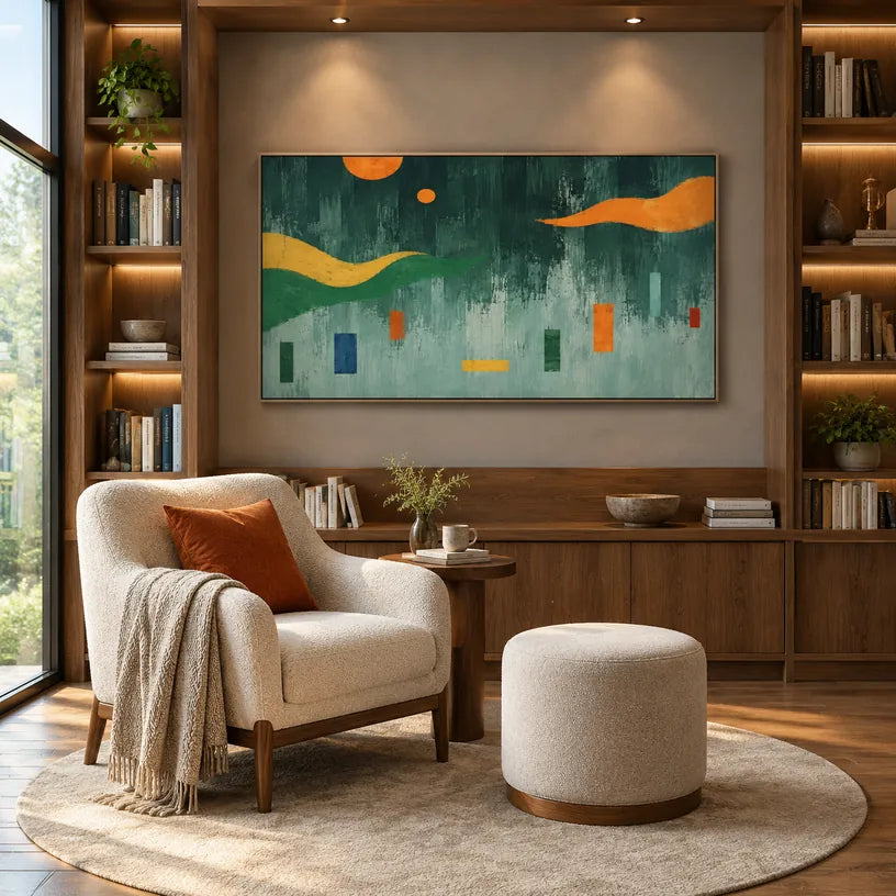 Pintura al óleo minimalista abstracta y conceptual que presenta marcas abstractas en capas, textura y movimiento pictórico expresivo en una paleta verde.