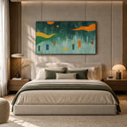 Pintura al óleo minimalista abstracta y conceptual que presenta marcas abstractas en capas, textura y movimiento pictórico expresivo en una paleta verde.