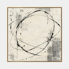 Pintura al óleo minimalista abstracta y conceptual que presenta marcas abstractas en capas, textura y movimiento pictórico expresivo en una paleta beige.