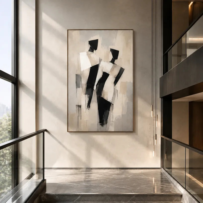 Minimalist portraiture & figure oil painting showing a stylized figure or portrait with expressive painterly shapes in a beige palette.