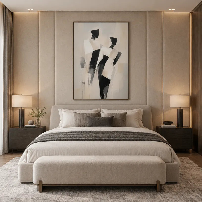 Minimalist portraiture & figure oil painting showing a stylized figure or portrait with expressive painterly shapes in a beige palette.
