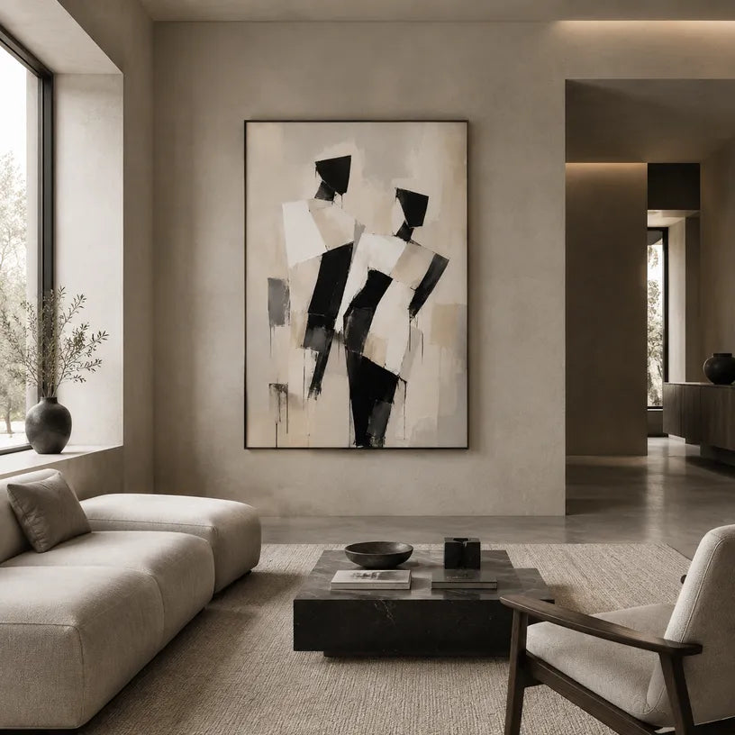 Minimalist portraiture & figure oil painting showing a stylized figure or portrait with expressive painterly shapes in a beige palette.