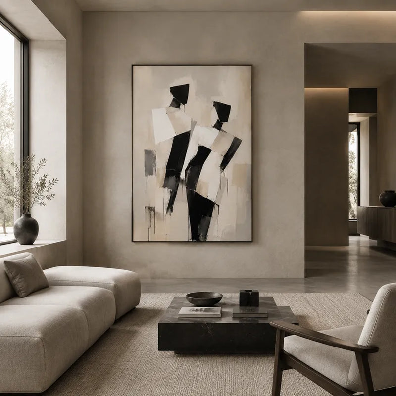 Minimalistisches Porträt- und Figurenölgemälde mit einer ausdrucksstarken Figur oder einem Porträt mit malerischen Details in einer Beige-Palette.