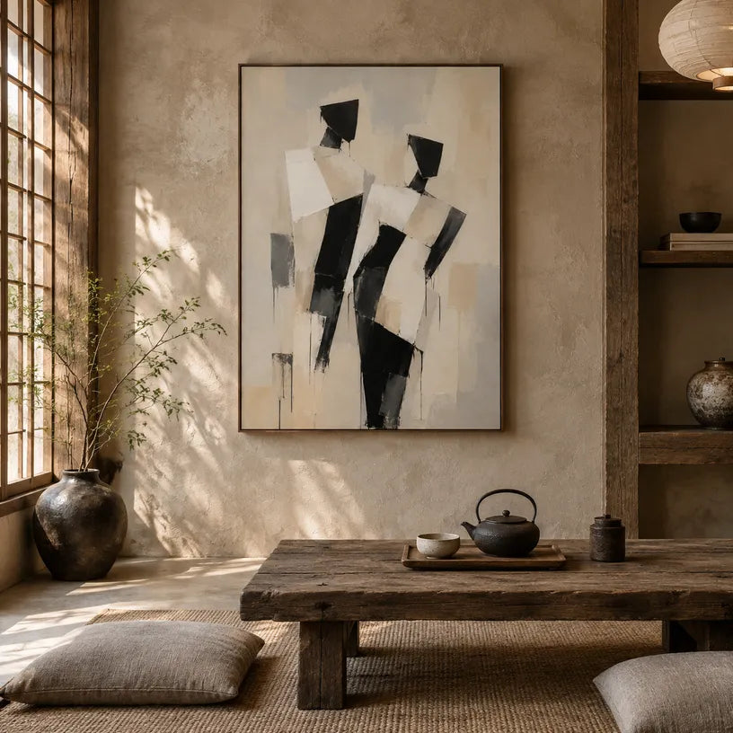 Minimalist portraiture & figure oil painting showing a stylized figure or portrait with expressive painterly shapes in a beige palette.