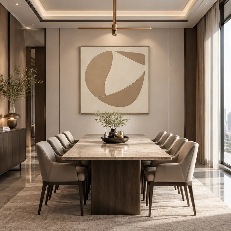 Pittura a olio minimalista astratta e concettuale con segni astratti stratificati, consistenza e movimento pittorico espressivo in una tavolozza beige.