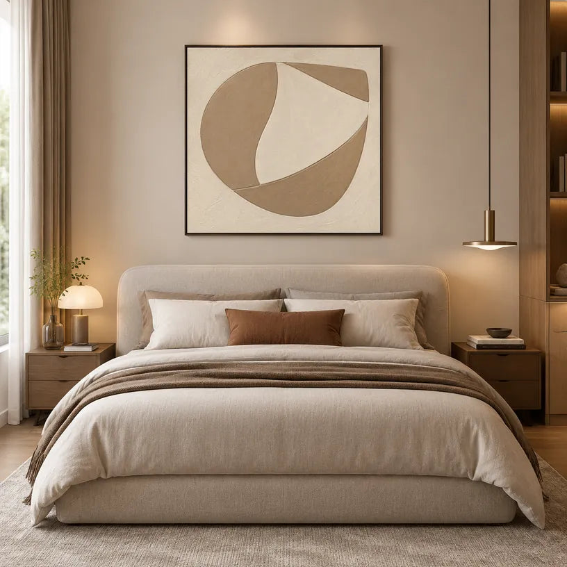 Pittura a olio minimalista astratta e concettuale con segni astratti stratificati, consistenza e movimento pittorico espressivo in una tavolozza beige.