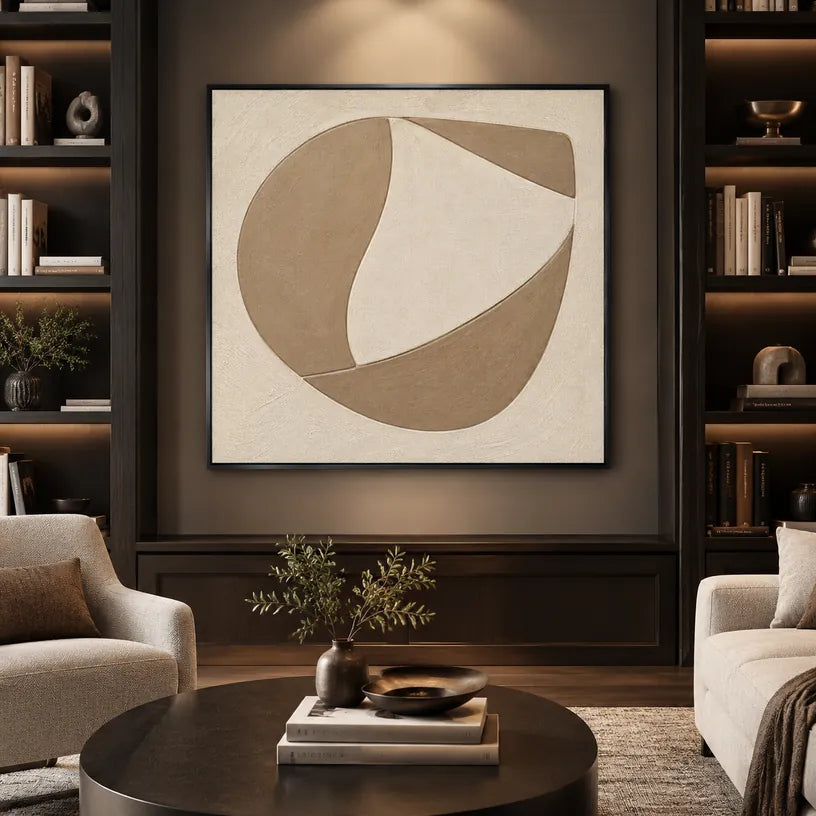 Pittura a olio minimalista astratta e concettuale con segni astratti stratificati, consistenza e movimento pittorico espressivo in una tavolozza beige.