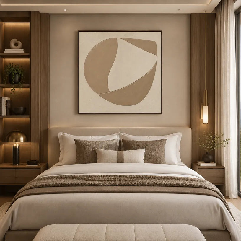 Pittura a olio minimalista astratta e concettuale con segni astratti stratificati, consistenza e movimento pittorico espressivo in una tavolozza beige.