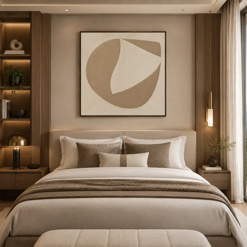 Pittura a olio minimalista astratta e concettuale con segni astratti stratificati, consistenza e movimento pittorico espressivo in una tavolozza beige.