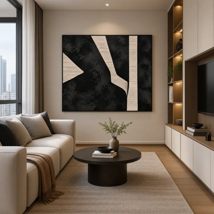 Pittura a olio minimalista astratta e concettuale con segni astratti stratificati, consistenza e movimento pittorico espressivo in una tavolozza in bianco e nero.