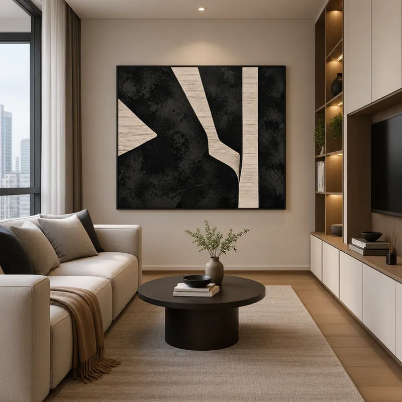 Minimalistisches abstraktes und konzeptuelles Ölgemälde mit geschichteten abstrakten Zeichen, Textur und ausdrucksstarken malerischen Bewegungen in einer Schwarz-Weiß-Palette.