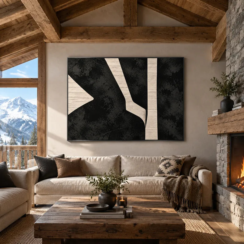 Minimalistisches abstraktes und konzeptuelles Ölgemälde mit geschichteten abstrakten Zeichen, Textur und ausdrucksstarken malerischen Bewegungen in einer Schwarz-Weiß-Palette.