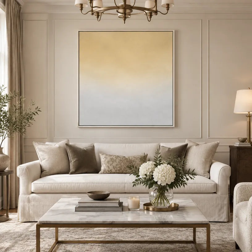Minimalistisches abstraktes und konzeptuelles Ölgemälde mit geschichteten abstrakten Zeichen, Textur und ausdrucksstarker malerischer Bewegung in einer Beige-Palette.