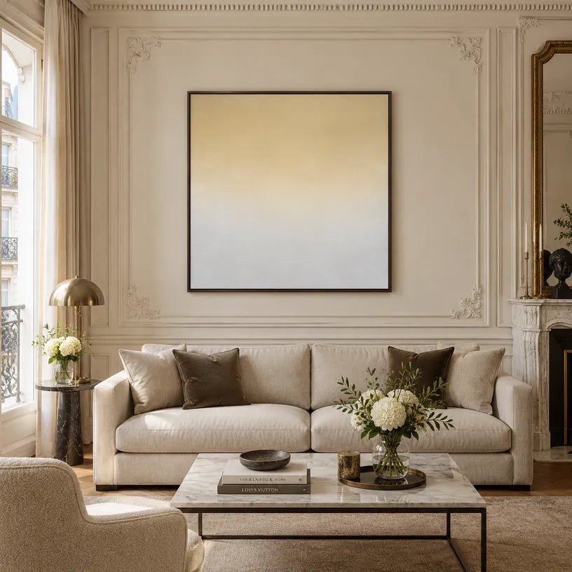 Minimalistisches abstraktes und konzeptuelles Ölgemälde mit geschichteten abstrakten Zeichen, Textur und ausdrucksstarker malerischer Bewegung in einer Beige-Palette.