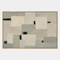 Pintura al óleo minimalista abstracta y conceptual que presenta marcas abstractas en capas, textura y movimiento pictórico expresivo en una paleta beige.