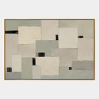 Pintura al óleo minimalista abstracta y conceptual que presenta marcas abstractas en capas, textura y movimiento pictórico expresivo en una paleta beige.