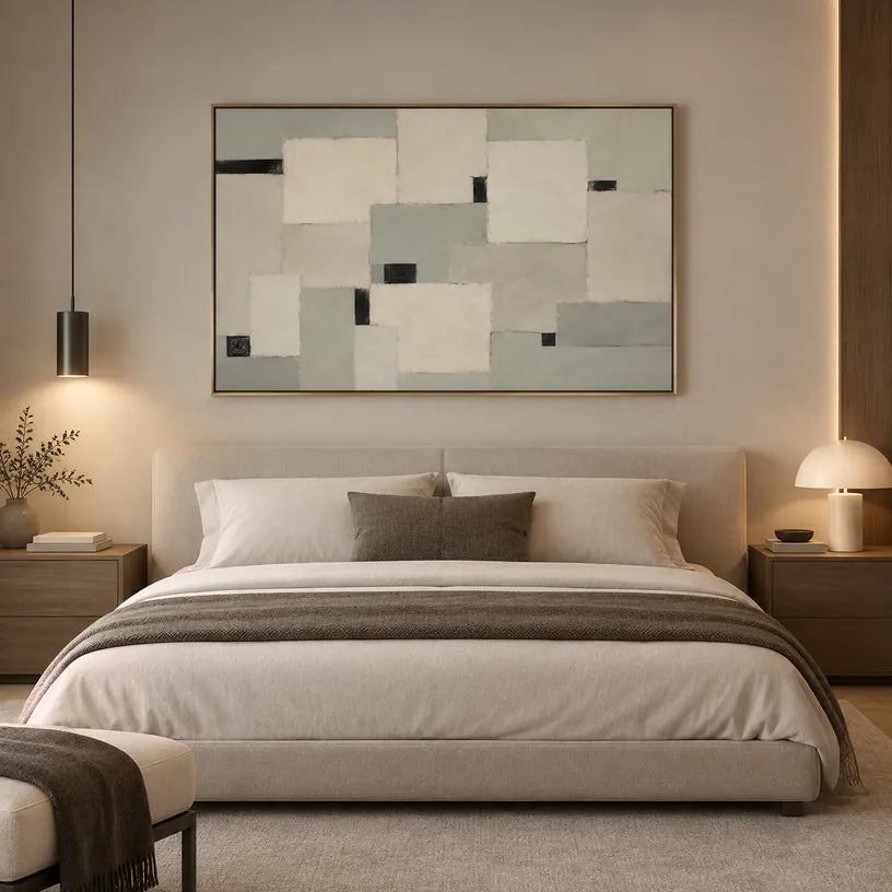 Peinture à l'huile abstraite et conceptuelle minimaliste présentant des marques abstraites superposées, une texture et un mouvement pictural expressif dans une palette beige.