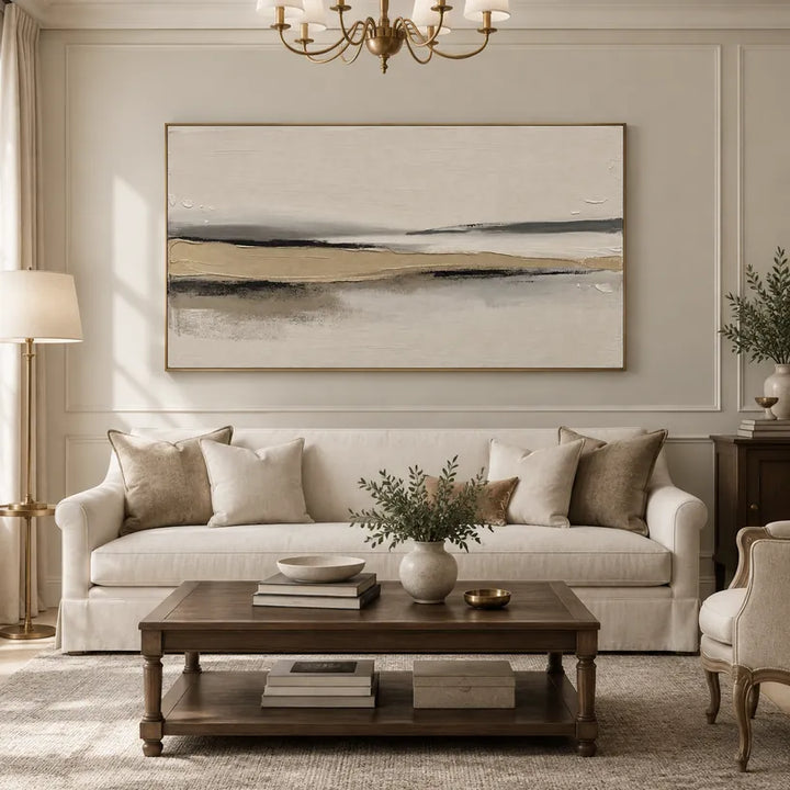 Minimalist landscapes & seascapes & cityscapes oil painting featuring an atmospheric landscape, seascape or city-inspired composition in a beige palette.
