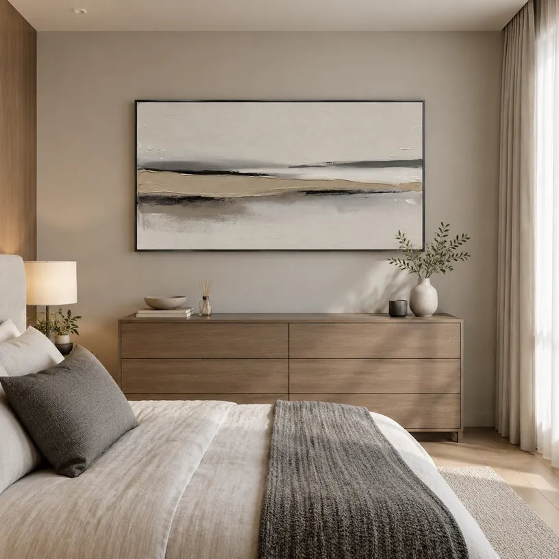 Minimalist landscapes & seascapes & cityscapes oil painting featuring an atmospheric landscape, seascape or city-inspired composition in a beige palette.
