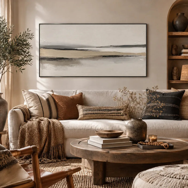 Minimalist landscapes & seascapes & cityscapes oil painting featuring an atmospheric landscape, seascape or city-inspired composition in a beige palette.