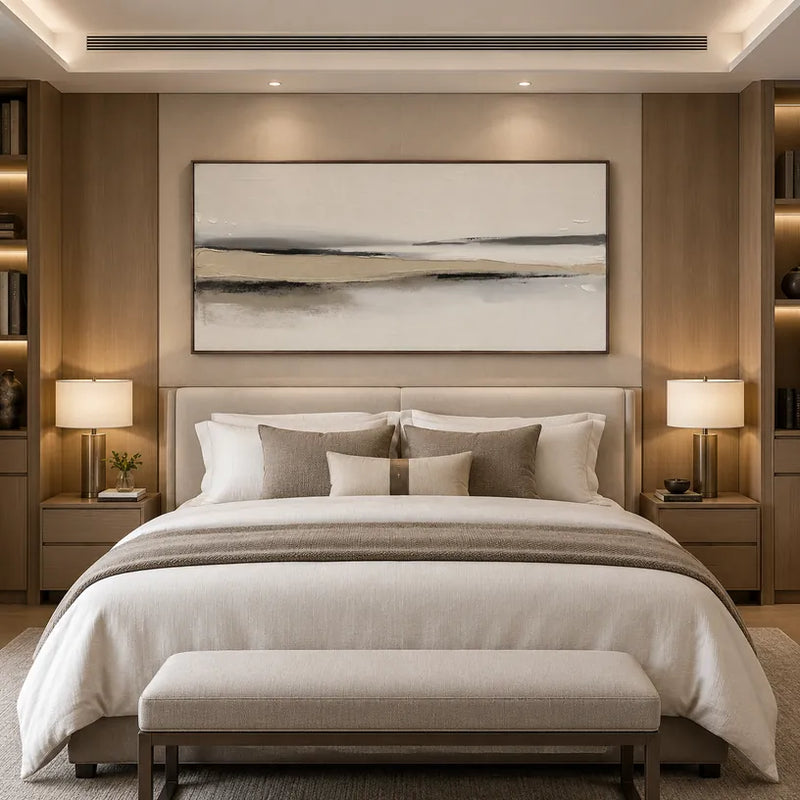Minimalist landscapes & seascapes & cityscapes oil painting featuring an atmospheric landscape, seascape or city-inspired composition in a beige palette.