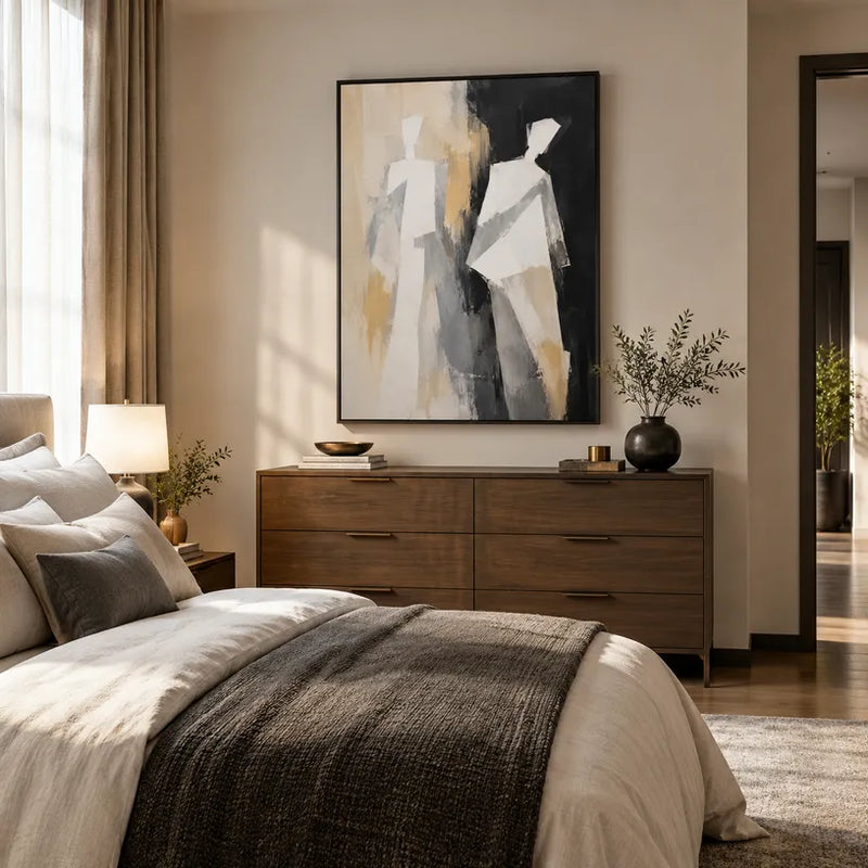Minimalistisches Porträt- und Figurenölgemälde mit einer ausdrucksstarken Figur oder einem Porträt mit malerischen Details in einer Schwarz-Weiß-Palette.