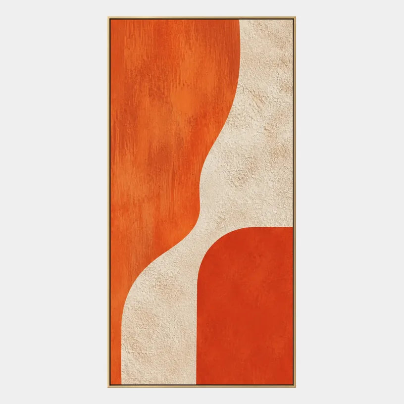 Pintura al óleo minimalista abstracta y conceptual que presenta marcas abstractas en capas, textura y movimiento pictórico expresivo en una paleta naranja.
