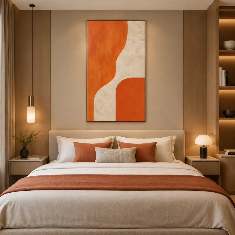 Pintura al óleo minimalista abstracta y conceptual que presenta marcas abstractas en capas, textura y movimiento pictórico expresivo en una paleta naranja.