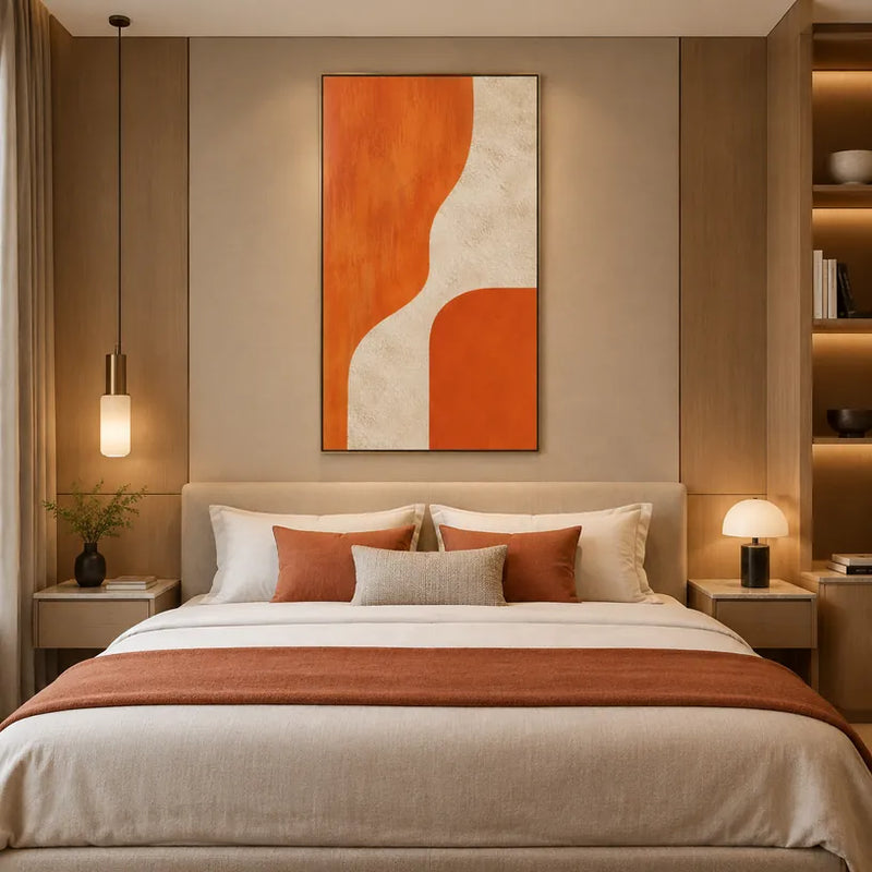 Pintura al óleo minimalista abstracta y conceptual que presenta marcas abstractas en capas, textura y movimiento pictórico expresivo en una paleta naranja.