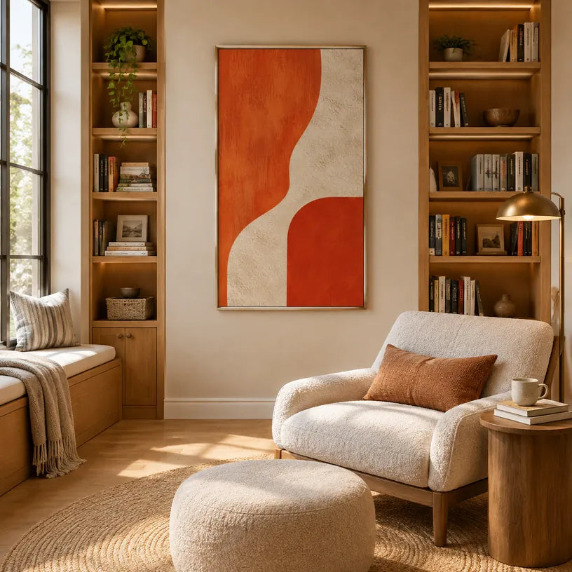 Pintura al óleo minimalista abstracta y conceptual que presenta marcas abstractas en capas, textura y movimiento pictórico expresivo en una paleta naranja.