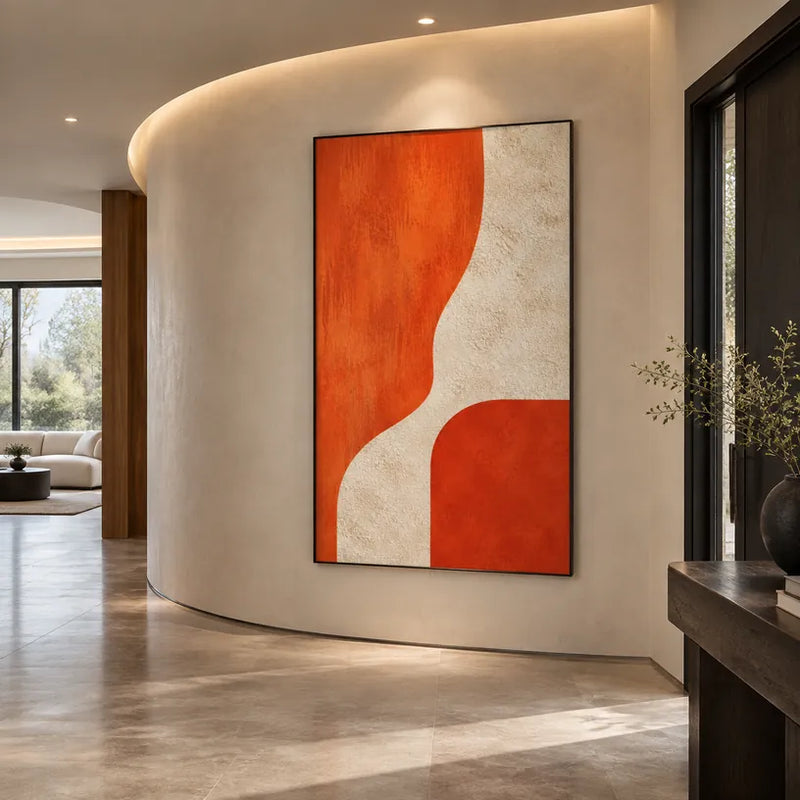 Pintura al óleo minimalista abstracta y conceptual que presenta marcas abstractas en capas, textura y movimiento pictórico expresivo en una paleta naranja.